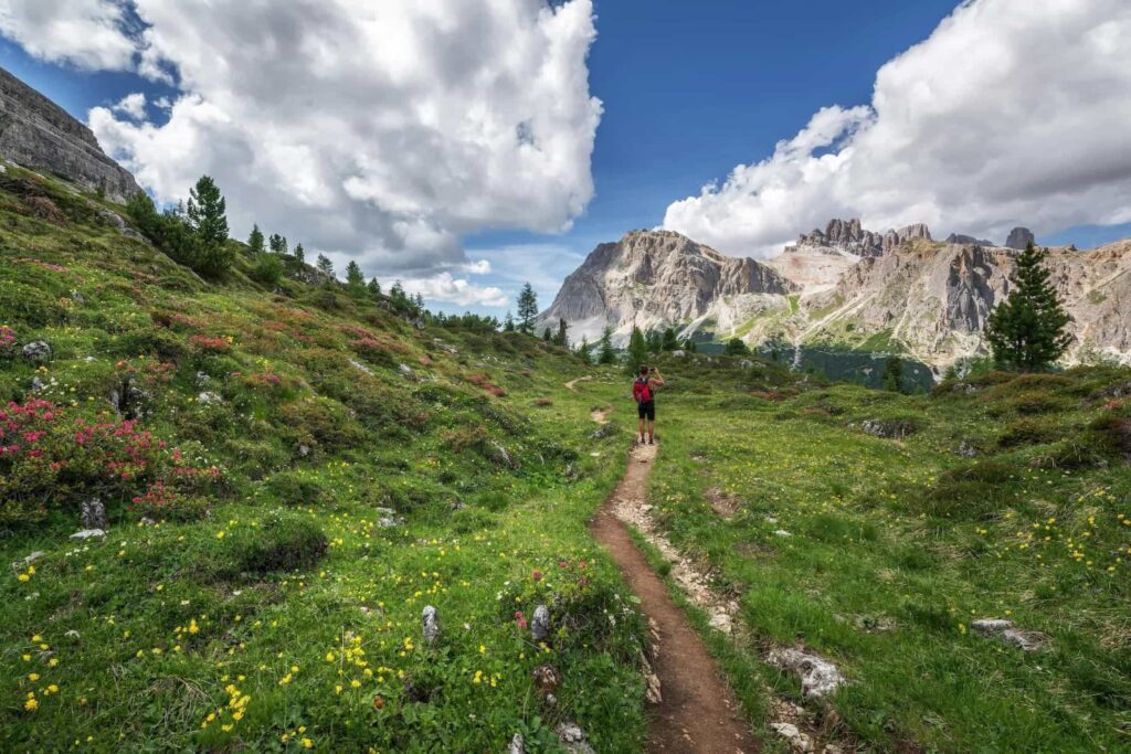 wide angle landscape of a hiker on trail